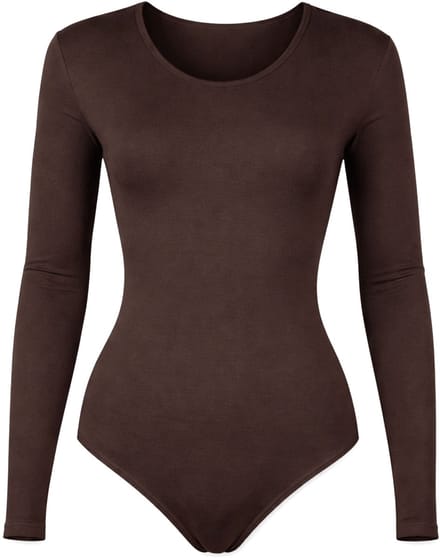 J&C Dames katoenen body met lange mouw Bruin - maat XL