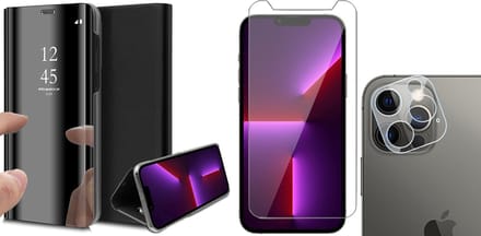 Hoesje geschikt voor iPhone 13 Pro - Spiegel Book Case - Zwart - Met Screenprotector en Camera Screen Protector