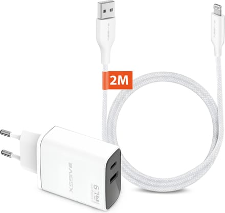 Oplaadstekker met 2 Poorten en geschikt voor iPhone USB Kabel 2 Meter - Snellader