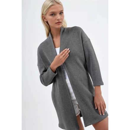 Lange Geribbelde Brei Cardigan met Open Kraag