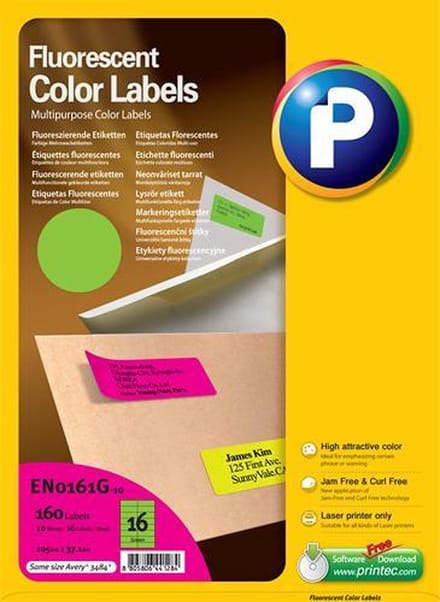 Printec Fluoriscerend Neon Groen Etiketten - 10 Vel - 105x37mm - 16 Labels Per A4 - 160 Stickers