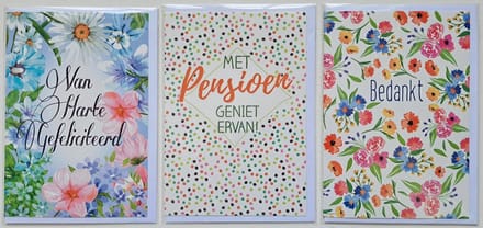 3 Wenskaarten – Met Pensioen geniet ervan! + Gefeliciteerd + Bedankt – PEN-306