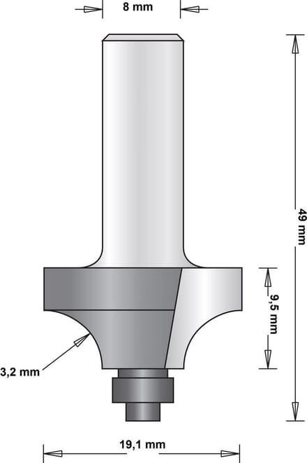Hitachi 8 mm afrondfrees met onderlager 19.1 x 49 x 3.2mm
