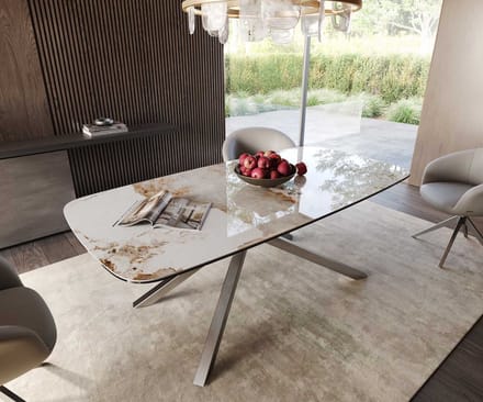 Eetkamertafel Edge wit-beige Boot keramiek Minas Melange 200x100 kruisframe rechthoek RVS