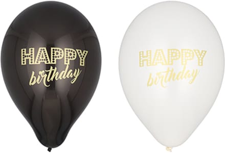 12x 6 Ballonnen Ø 25 cm zwart/wit Happy Birthday