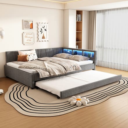 Daybed - 140x200 cm - Met Uitschuifbed En LED Strip - USB/Type-C En Opbergvak - Linnen - Grijs