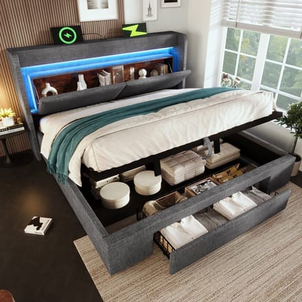 Sweiko Gestoffeerd bed - 180x200 cm - Opbergruimte - LED-verlichting - USB/Type-C - Linnen stof - Grijs