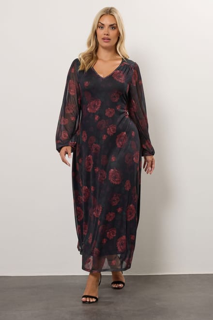 Yours Zwarte Maxijurk Met Bloemenprint Van Mesh Size 42