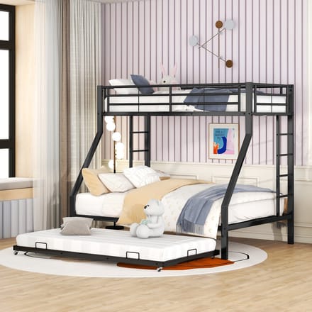 REDOM Bedframe 90(140)x200 cm – Metaal etagebed met uitschuifbed & ladders – Zwart