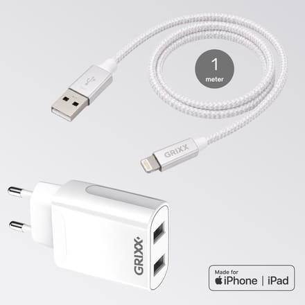 Lightning naar USB-A kabel met iPhone oplader - Grixx - MFi - 1 meter - Wit