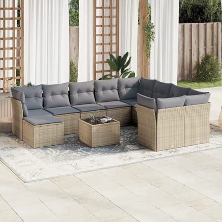 vidaXL 11-delige Tuinset met kussens poly rattan beige