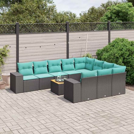 vidaXL - 11-delige - tuinbankset - met - kussens, - zwart - polyrotan