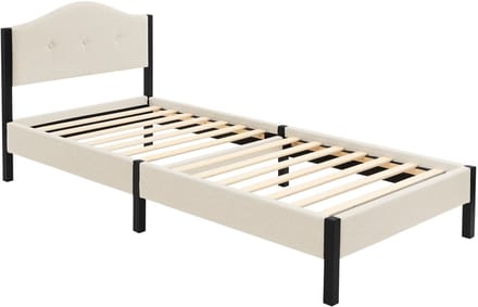 ML-Design Gestoffeerd bed 90 x 200 cm eenpersoonsbed, stabiel bedframe serie, linnen bedombouw met gecapitonneerd hoofdbord en lattenbodem, modern linnenbed met stevig stalen frame en houten poten, comfortabel beige tweepersoonsbed voor slaapkamer