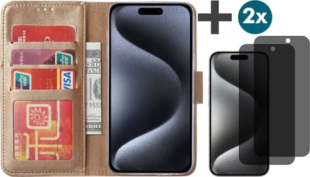Hoesje met Privacy Screenprotectors 2 Stuks Geschikt voor iPhone 15 Pro Max – Arara bookcase met pasjeshouder - Goud