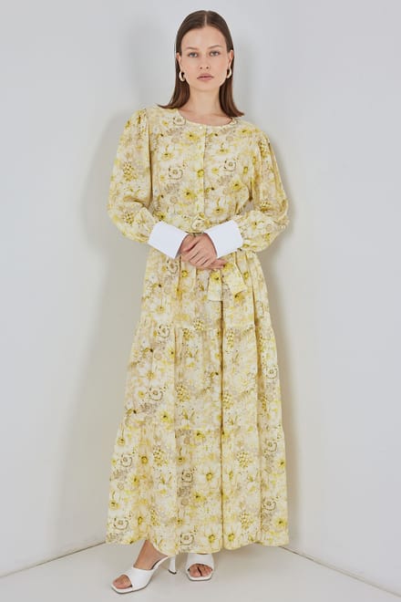 Viscose Blend Patroon Maxi Dress met Knoopsluiting