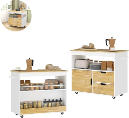 Keukeneiland - Verplaatsbaar - Keukenkast - Dressoir - Organizer - Kasten - Houten Werkblad - Wit