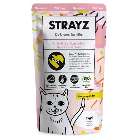 6x 85g STRAYZ Bio Eend & Biologische Zoete Aardappel Nat Kattenvoer