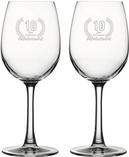 Gegraveerde set witte wijnglazen 36cl Gefeliciteerd 10 jaar getrouwd