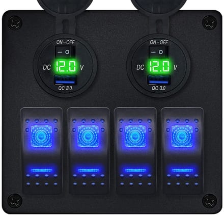 ProRide Schakelpaneel 12V voor Auto/Boot - USB Stopcontact met Schakelaar/Voltmeter - 5V/2.4A - 4 schakelaars - Groen