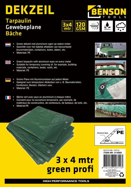 Benson Groen dekzeil 3x4 m - robuust mesh - PE 120GSM - versterkte hoeken