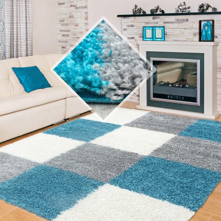 Muratap Basic shaggy geblokt vloerkleed turquoise / wit hoogpolig- 80x150