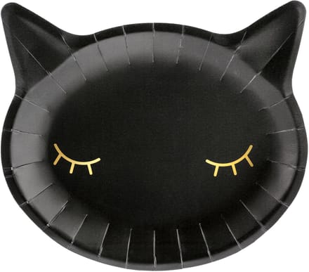 PARTYDECO - 6 zwarte kattenhoofd kartonnen borden 22 cm gouden ogen