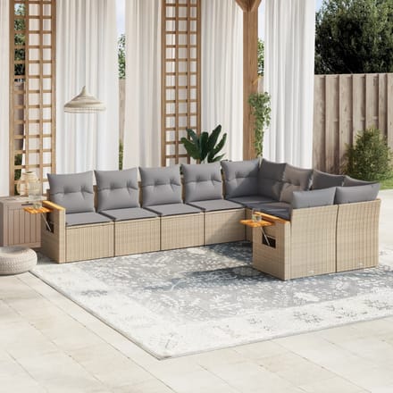 vidaXL - 9-delige - Loungeset - met - kussens - poly - rattan - beige