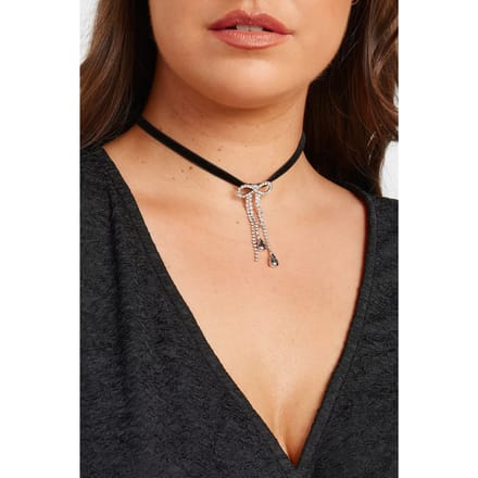 Yours Choker Ketting Met Strikhanger Met Diamantjes In Zwart/Zilversize One Size