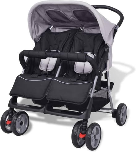 Comfortabele Dubbele Kinderwagen Grijs/Zwart - Inklapbaar met Verstelbare Rugleuning