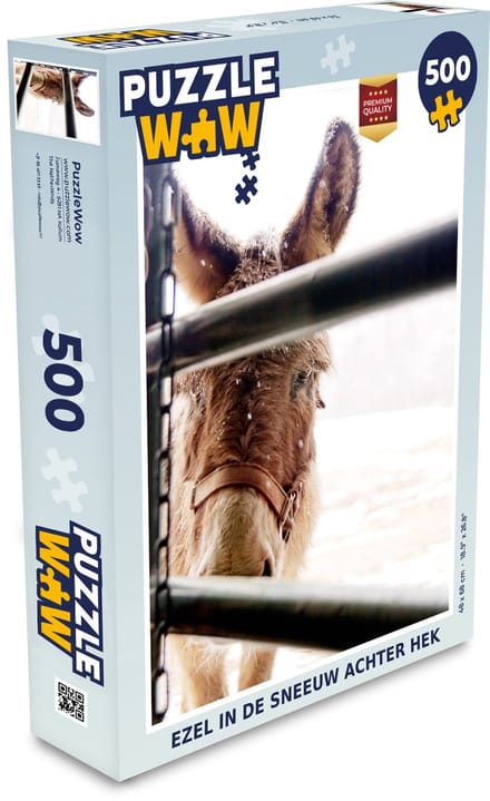 Puzzel Ezel in de sneeuw achter hek - Legpuzzel - Puzzel 500 stukjes