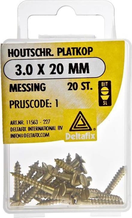 Houtschroeven 3,0 x 20 mm. lang. Messing. Platkop. Koperkleur. 20 stuks deltafix.