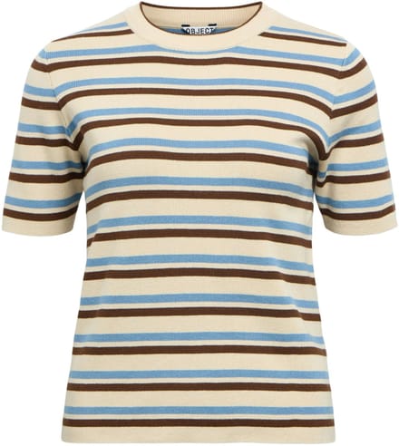 Object Trui Objester S/s New Knit Pullover Noos 23043510 Sandshell/blue Shadow/carafe Dames Maat - L