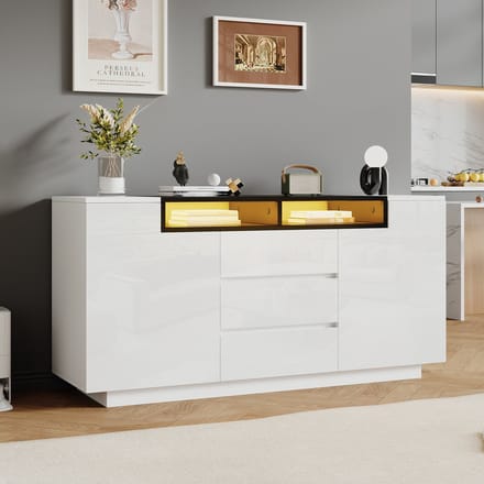 Sideboard - 140x40x68 cm wit/zwart - L-vormige deuren & LED (app) - 3 laden & verstelbare planken