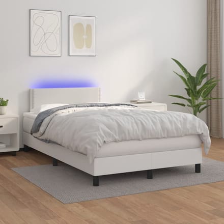 vidaXL - Boxspring - met - matras - en - LED - kunstleer - wit - 120x200 - cm