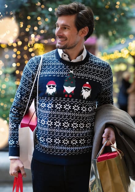 MARVELIS modern fit Kersttrui katoen - O-hals - donkerblauw met Kerst print