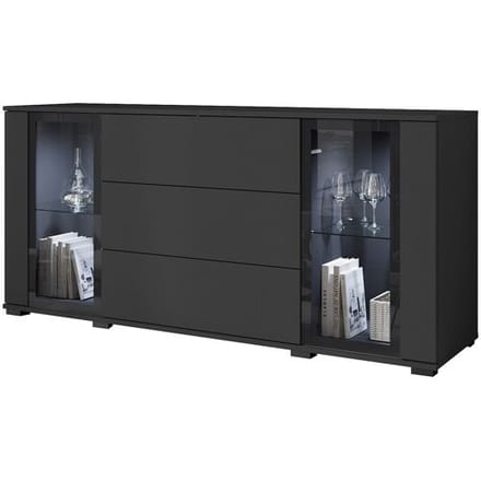 Dressoir 150 cm voor woonkamer met LED – moderne vitrinekast met glas + laden, zwart mat