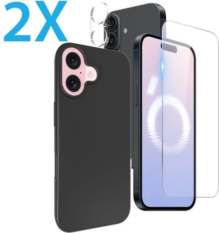 Back cover Silicone hoesje zwart met Screenprotector Glas 2x en Camera lens protector 2x Geschikt voor: iPhone 16 Plus