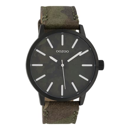 OOZOO Timepieces - Zwarte horloge met camouflage leren band - C10003