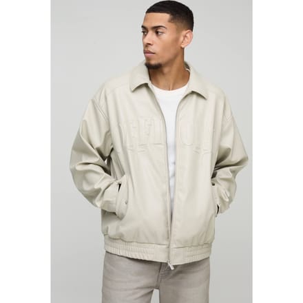 Official Oversized PU Embossed Collard Bomber Jacket | Ecru | Size Large