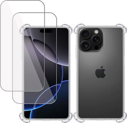 Hoesje + 2x Screenprotector geschikt voor Apple iPhone 16 Pro Max – Tempered Glass - Extreme Shock Case Transparant