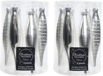 Decoris kerstbal pegels - 12x - zilver - D15 cm - glas - kersthangers - ijspegels - kerstversiering