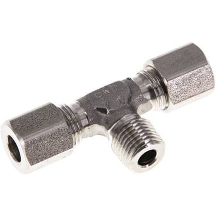6LL & M10x1 (con) RVS T-stuk Snijringkoppeling Buitendraad 100bar ISO 8434-1