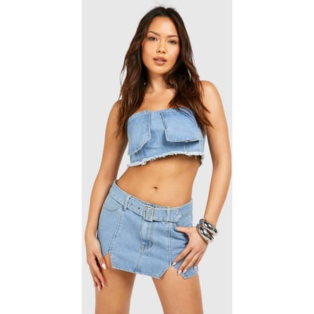 boohoo Dames Notch Detail Gesp-Riem Denim Micro Mini Rok | Lichtblauw | Maat: 42