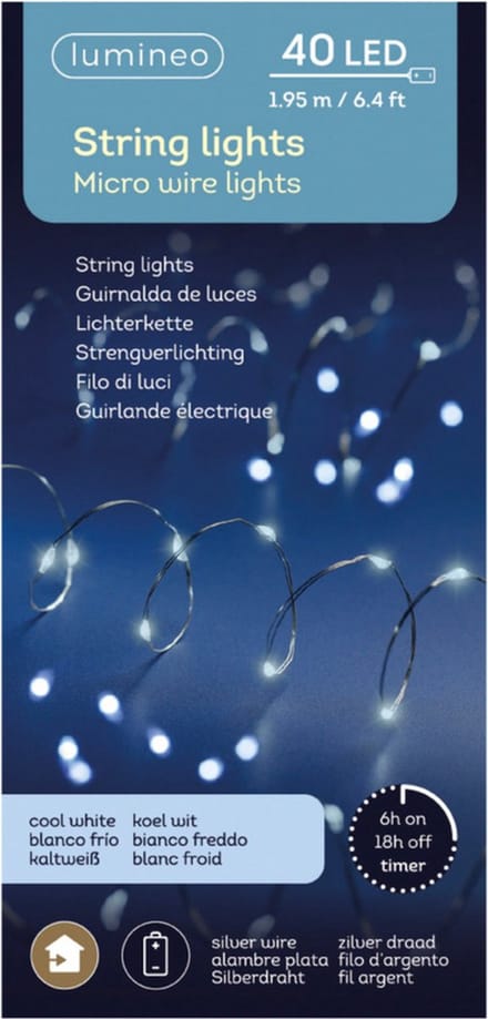 Lumineo draadverlichting - timer - zilverdraad - 40 lampjes - wit licht - 195 cm