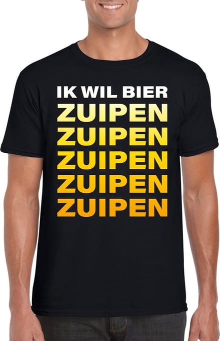 Ik wil bier zuipen tekst t-shirt zwart heren L