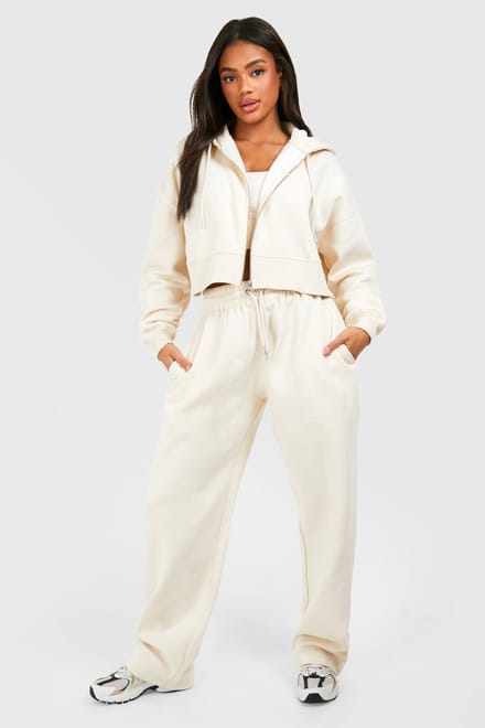 boohoo Dames Deep Hem Crop Top 3-delig trainingspak met capuchon | Steen | Maat: Medium