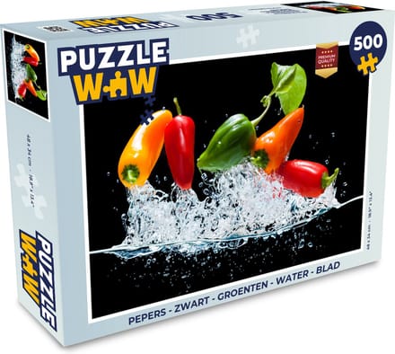 Puzzel Pepers - Zwart - Groenten - Water - Blad - Legpuzzel - Puzzel 500 stukjes