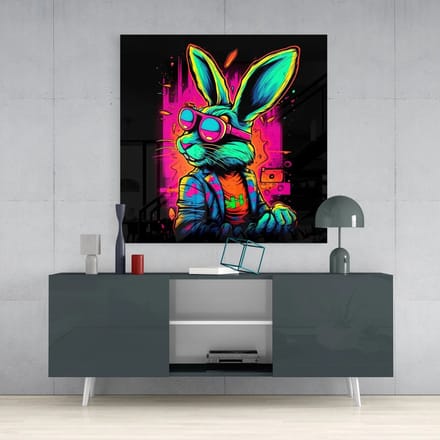 Vierkant Glasschilderij - Rabbit - Kleurrijk - 60x60x0.4 cm