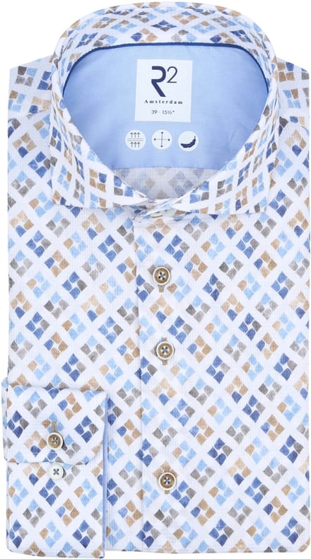 R2 Overhemd Print Blauw Groen - Maat 45 - Heren - Overhemden Casual