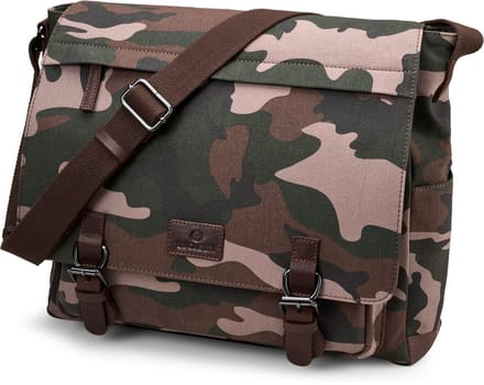 Camouflage schoudertas van canvas en buffelleer met bladpatroon